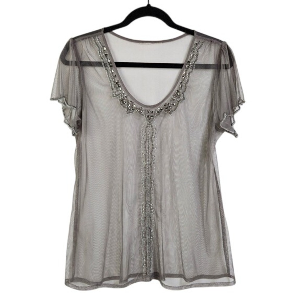 Whimsigoth Gray Beaded Mesh Sheer Short Sleeve Top Large Y2K Fairycore Romantic